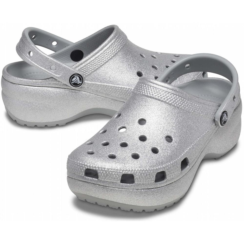 Silver Women's Crocs Classic Glitter Clog Platform Clogs | NZ 0457GSOL